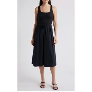 SPANX Black Jersey Bodice Square‎ Neck Midi Dress Comfort Fit Size L